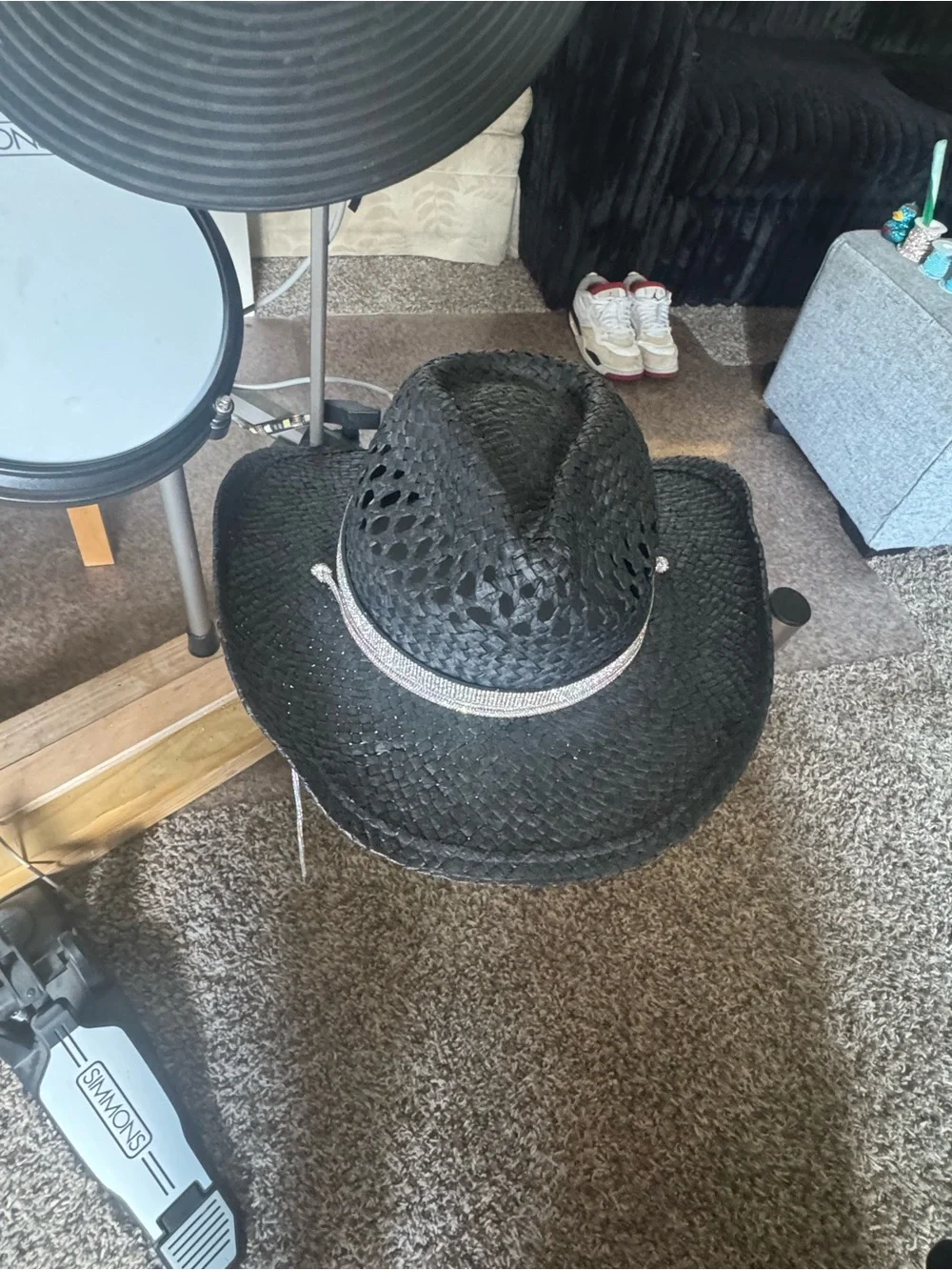 Black Straw Cowboy Hat with Rhinestone Band